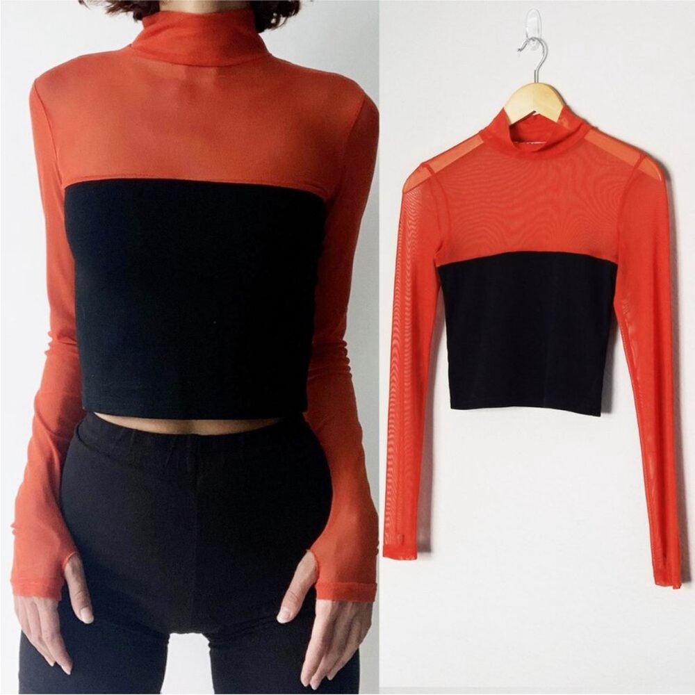 I. Am. Gia. Orange Sheer Mesh Black Colorblock Mock Neck Top Thumbhole